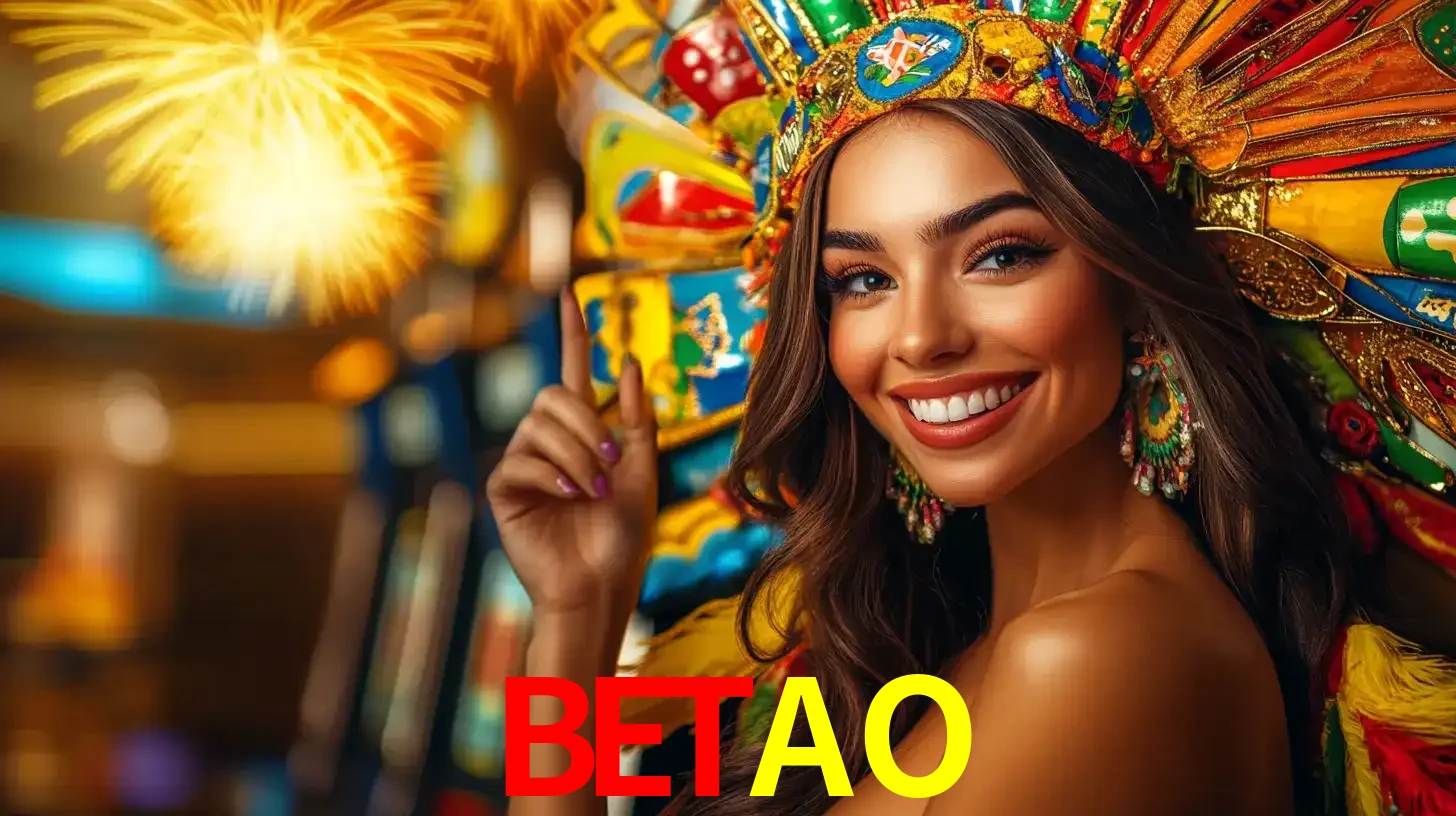 Mulher sorridente com um cocar de carnaval vibrante e colorido, celebrando uma grande vitória nos jogos do cassino BETAO com fogos de artifício ao fundo.