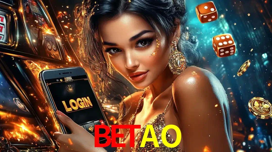 Mulher glamourosa segurando um celular com a tela de login do cassino BETAO, rodeada por dados e moedas douradas, pronta para começar a diversão.