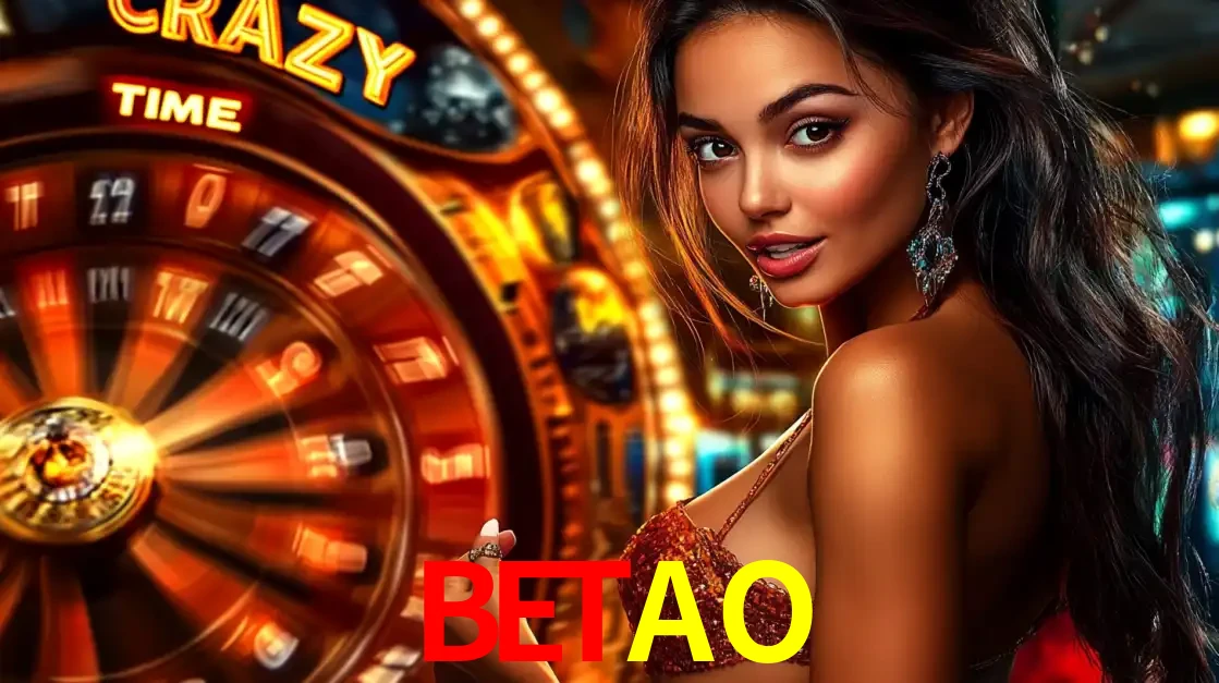 Mulher ao lado da roda de prêmios do jogo de cassino ao vivo Crazy Time, um dos shows de jogos mais emocionantes oferecidos pela plataforma de apostas BETAO.