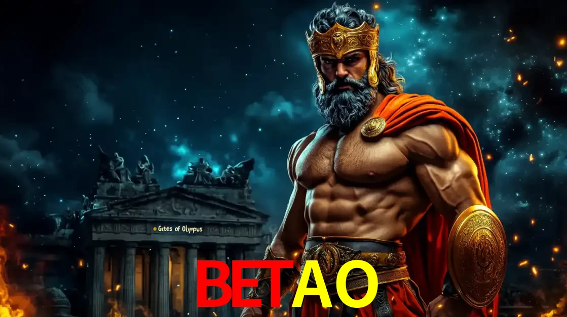 O poderoso Zeus do jogo de slot Gates of Olympus em frente ao seu templo, pronto para lançar multiplicadores divinos e prêmios épicos no cassino online BETAO.
