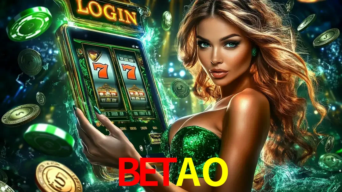 Mulher com tema verde apresentando o aplicativo do cassino BETAO com um jogo de slot de 777, cercada por fichas de cassino e uma aura de sorte.
