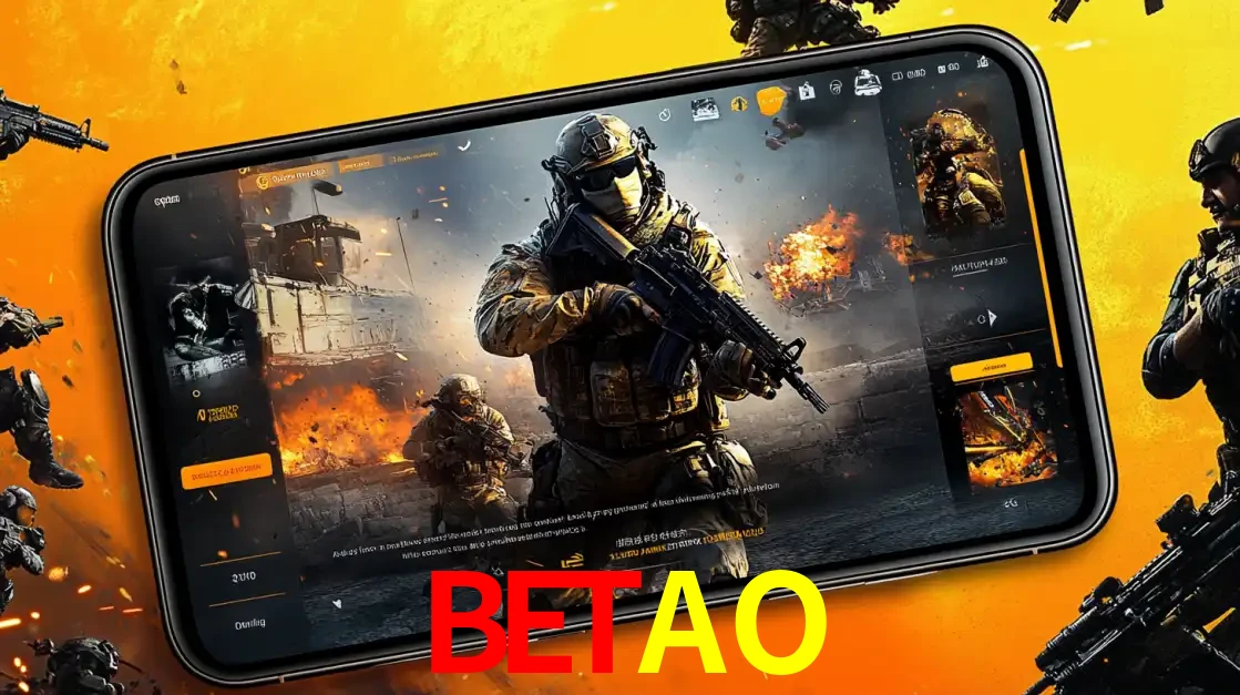 Um smartphone exibindo a interface de um jogo de tiro em primeira pessoa, com um soldado em um cenário de batalha, representando a ação dos e-sports para apostar no BETAO.