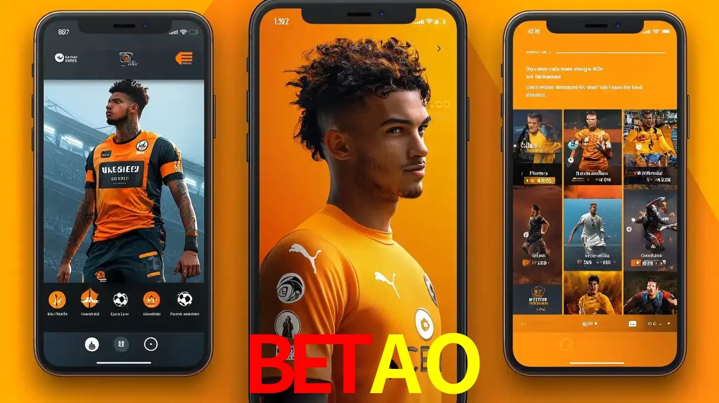 Interface do aplicativo de apostas esportivas BETAO em três telas de celular, mostrando o perfil de um jogador de futebol e a lista de jogos disponíveis para apostar.