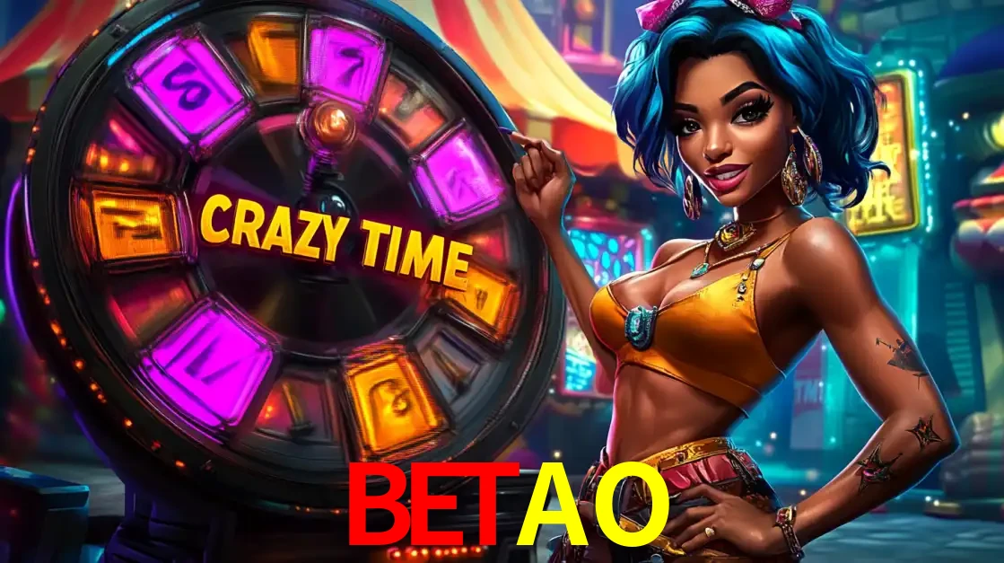 Mulher estilizada com cabelo azul e visual vibrante posando ao lado da roda de prêmios do game show Crazy Time, convidando para a diversão e os bônus do cassino BETAO.