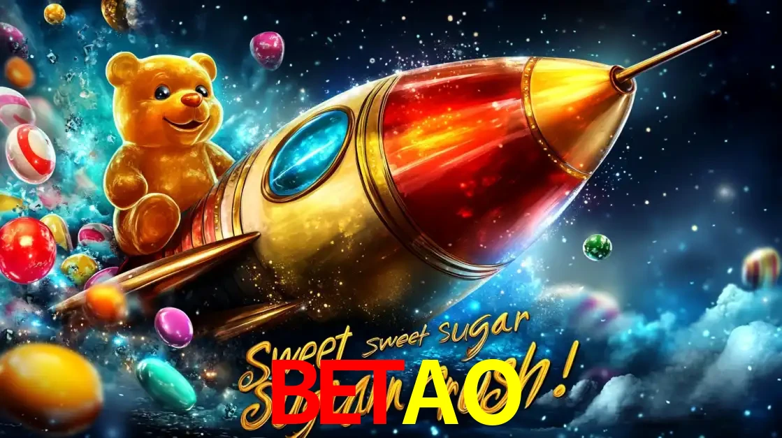 Arte promocional do jogo de slot Sugar Rush, com um urso de pelúcia em um foguete viajando pelo espaço de doces, um dos jogos divertidos disponíveis no cassino BETAO.