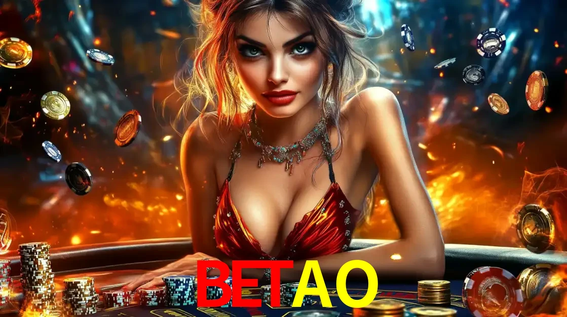 Mulher em uma mesa de cassino com pilhas de fichas e um fundo de fogo, pronta para uma rodada de altas apostas nos jogos de mesa emocionantes do cassino BETAO.