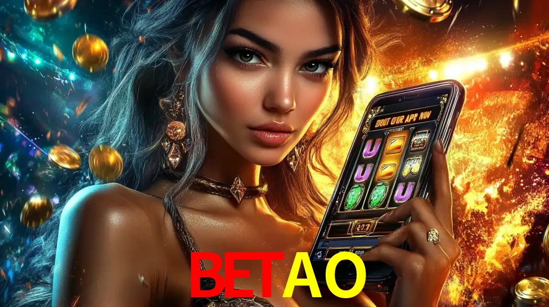 Mulher elegante mostrando um jogo de caça-níqueis em seu smartphone, destacando a experiência de cassino móvel oferecida pelo aplicativo BETAO.