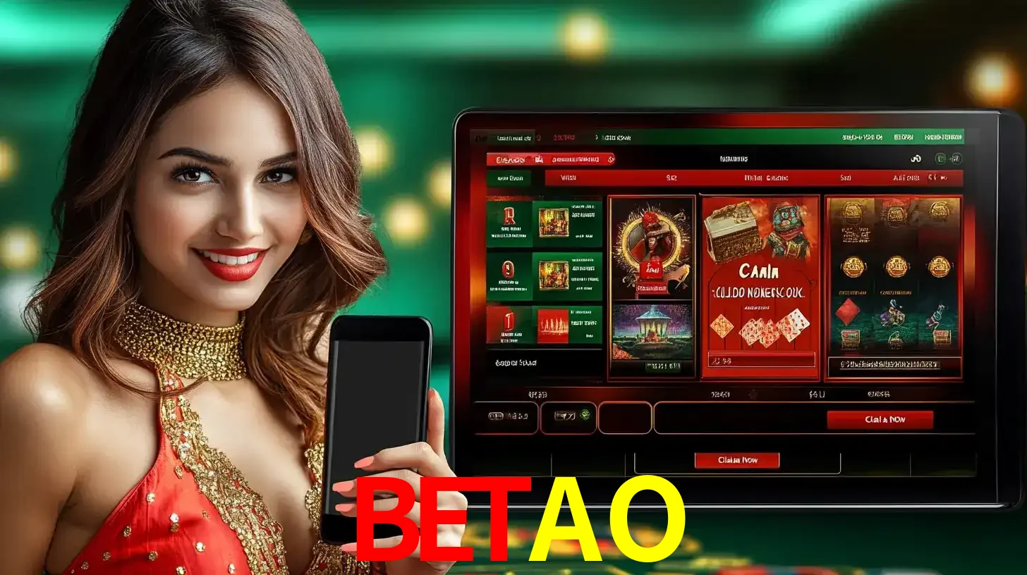 Mulher sorridente segurando um smartphone, ao lado de uma tela exibindo o lobby de jogos do cassino online BETAO, com várias opções de jogos de cartas e slots.